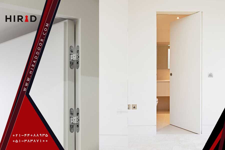 درب داخلی سفید بلند بدون چهارچوب پیدا، نصب شده با لولاهای مخصوص